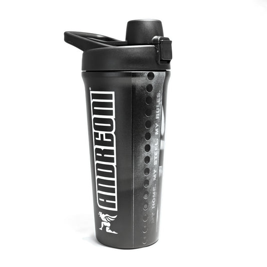 A black shaker bottle with a flip-top lid, featuring the brand name 'ANDREONI' in bold white letters on the side, set against a plain white background.