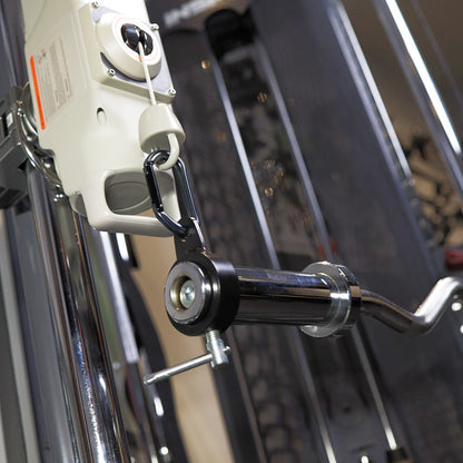 Andreoni cable barbell collars connecting a barbell to a Voltra cable trainer