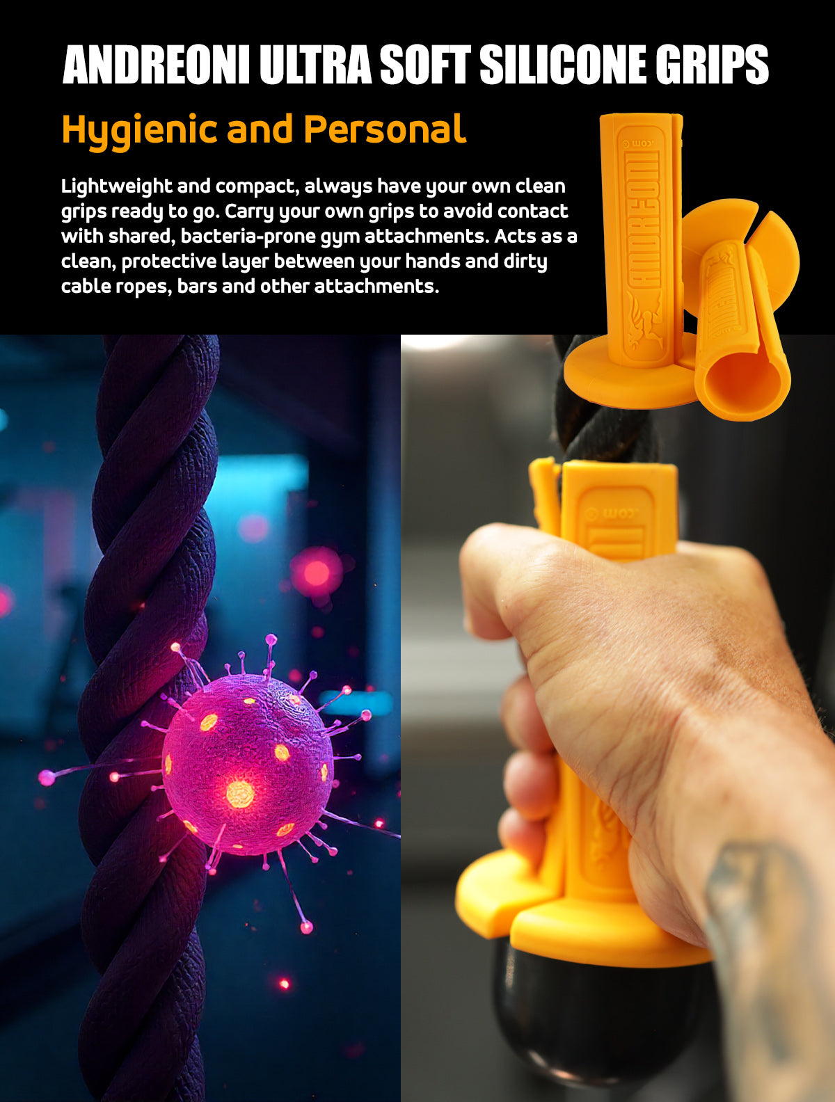 ANDREONI ULTRA SOFT SILICONE GRIPS FOR ROPE ATTACHMENTS -  Added comfort and performance during rope-based exercises. - Andreoni.Fitness
