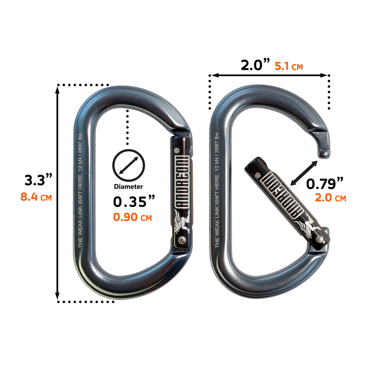 Andreoni gym carabiner dimensions: 3.3 in long, 2.0 in wide, 0.35 in bar diameter, 0.79 in gate opening
