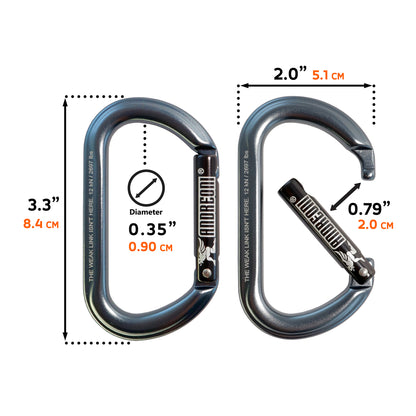 Andreoni gym carabiner dimensions: 3.3 in long, 2.0 in wide, 0.35 in bar diameter, 0.79 in gate opening