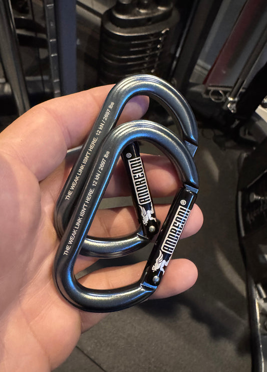 Andreoni aluminum gym carabiner in one hand next to a cable machine