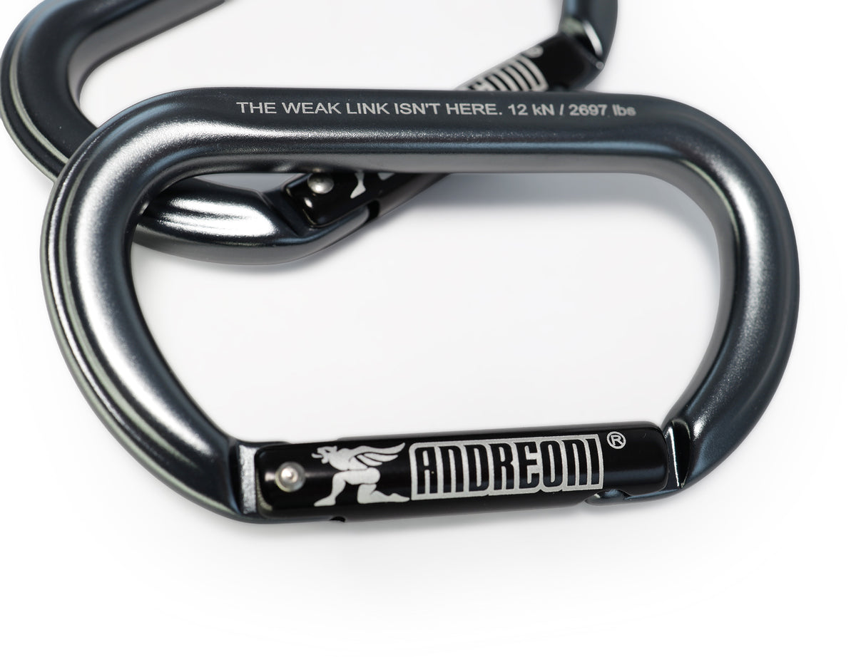 Close-up of the Andreoni gym carabiner's non-locking straight gate with ANDREONI logo
