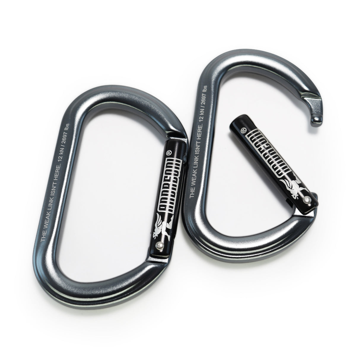 Andreoni gym carabiner 2-pack in heavy-duty aluminum, rated 12 kN, on a white background