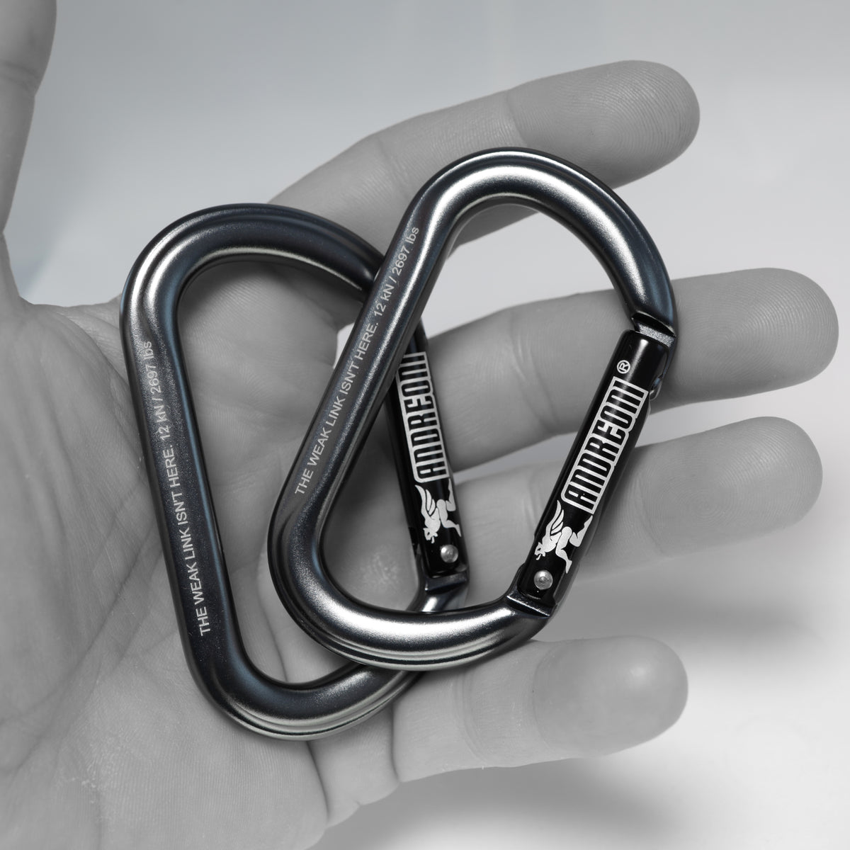 Andreoni gym carabiner held in hand to show its size
