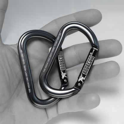 Andreoni gym carabiner held in hand to show its size