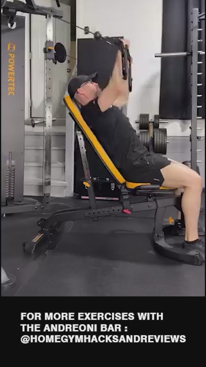 - THE ANDREONI BAR ™ - A revolutionary and versatile cable machine attachment that replaces multiple bulky expensive gym machines.