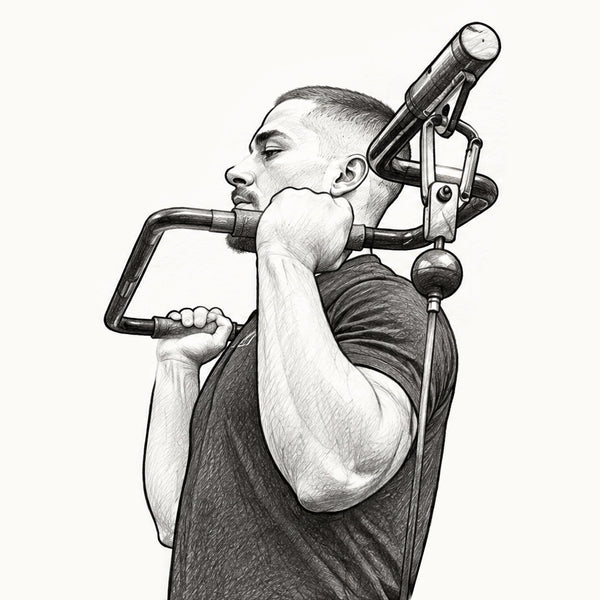 Black and white pencil sketch of a man in profile lifting an Andreoni bar attached to a cable pulley machine, set against a solid off-white background.